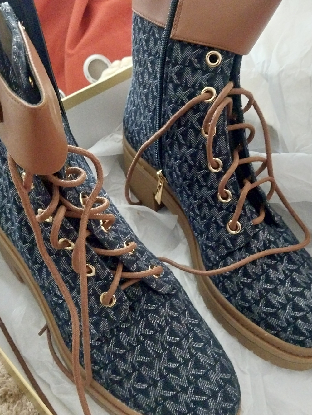Michael Kors Women’s Ankle Combat Boots - Tan Trim with Blue Pattern Size 11